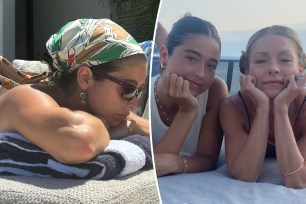 A split photo of Lola Consuelos sunbathing and Lola Consuelos and Kelly Ripa posing together