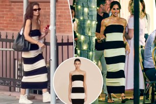 A split of Katie Holmes and Meghan Markle with an inset of a striped dress