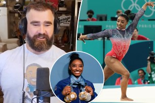 Jason Kelce on New Heights split with Simone Biles at the 2024 Paris Olympics with an inset of her holding her 2024 Olympic medals.