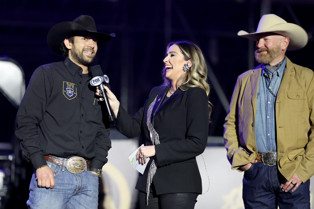 Adan Banuelos is interviewed onstage after his victory during The American Performance Horseman by Teton Ridge at Globe Life Field on March 08, 2024 in Arlington, Texas.