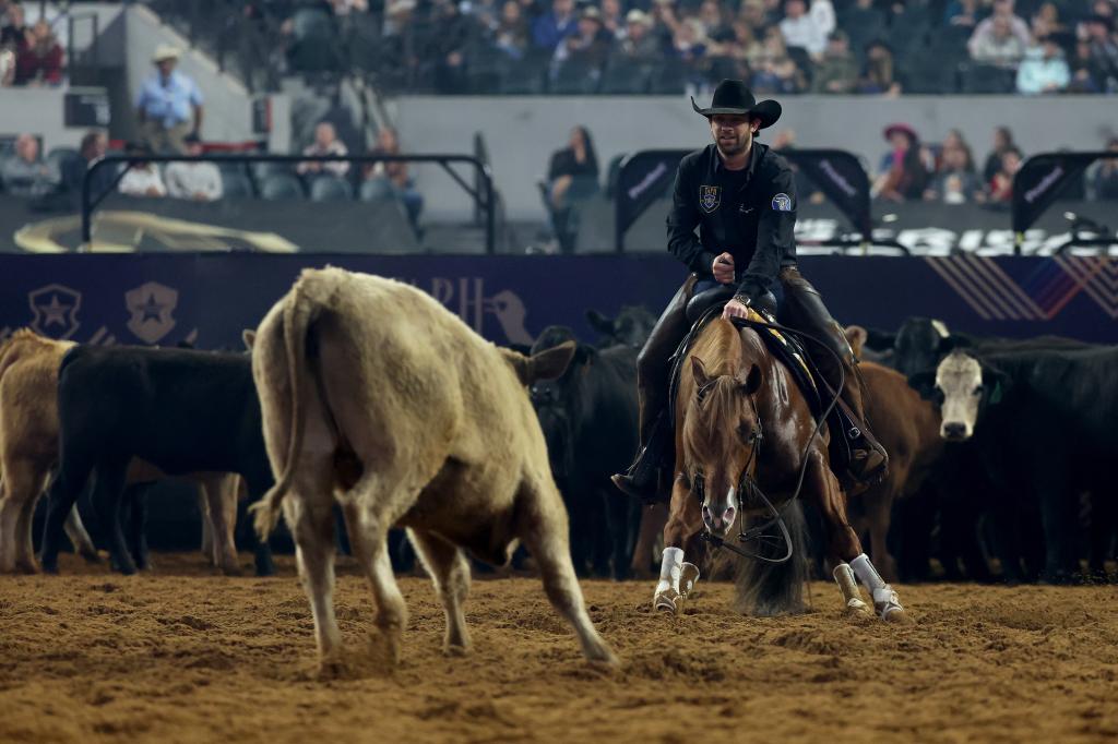  Adan Banuelos, riding Storyteler, competes in the cutting event during The American Performance Horseman at the Globe Life Field on March 08, 2024 in Arlington, Texas.