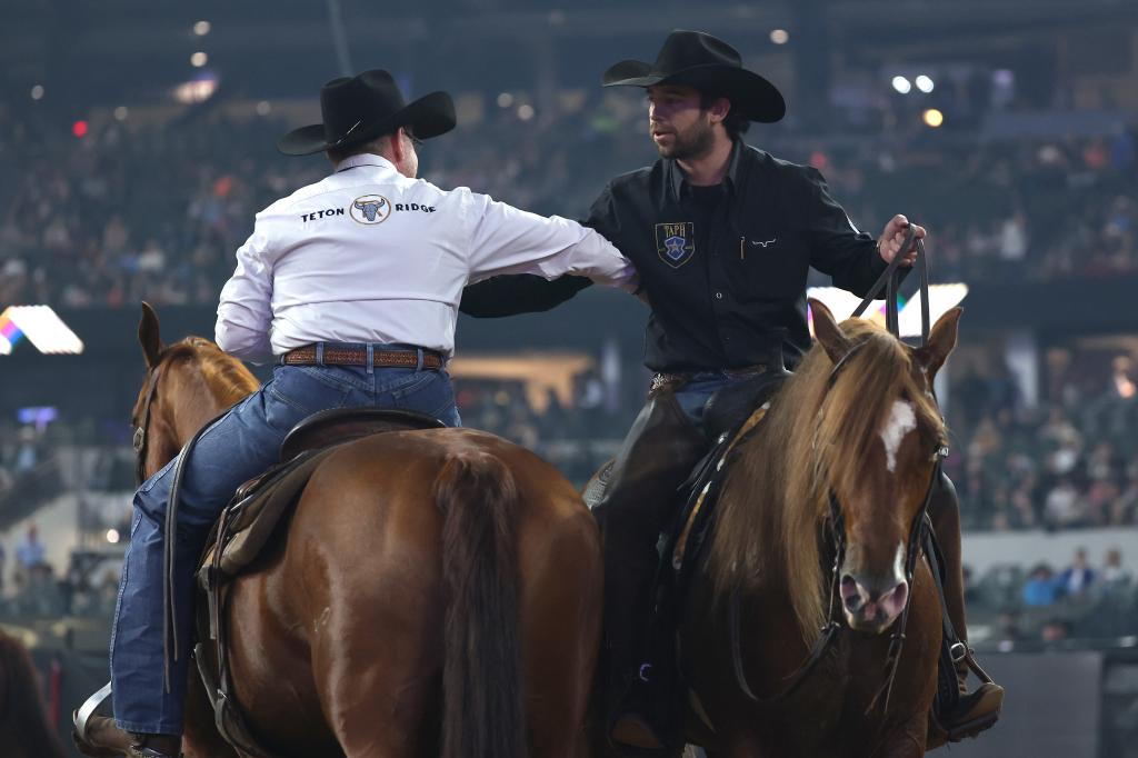 Adan Banuelos, riding Storyteler, competes in the cutting event during The American Performance Horseman by Teton Ridge at Globe Life Field on March 08, 2024 in Arlington, Texas. 