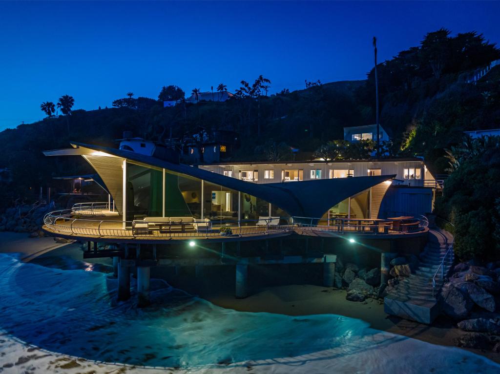 The exterior of the Wave House in Malibu, Calif., at night. 