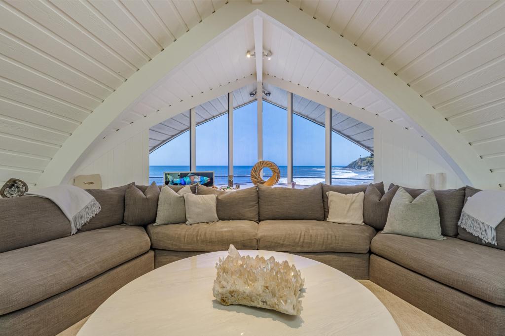 The living room inside the Wave House in Malibu, Calif. 