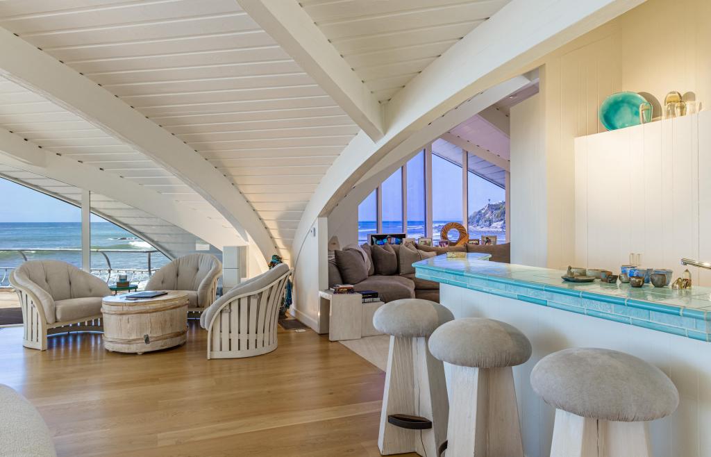 A seating space inside the Wave House in Malibu, Calif. 