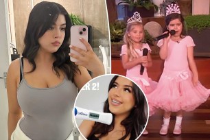 A split photo of a mirror selfie of Sophia Grace Brownlee and Sophia Grace Brownlee and Rosie McClelland on "Ellen" and a small selfie of Sophia Grace holding a pregnancy stick